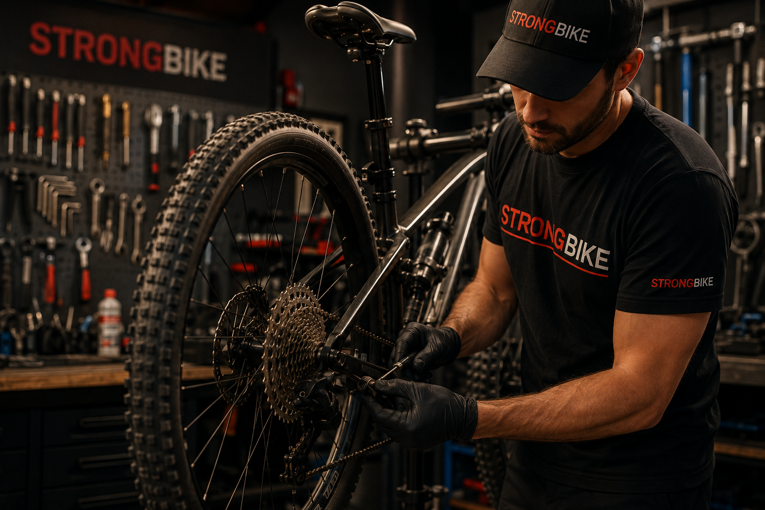 Mecanic StrongBike reparând roata din spate a unei biciclete